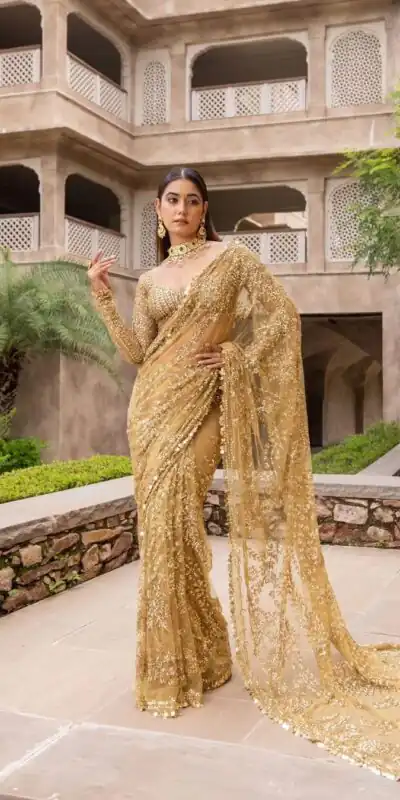 Golden Mono Net Embroidery Work Saree | Sarees, Bollywood Sarees, Creative Sarees, Designer Sarees, Embroidered Sarees, Ethnic Saree, Modern Digital sarees, Party Wear Sarees