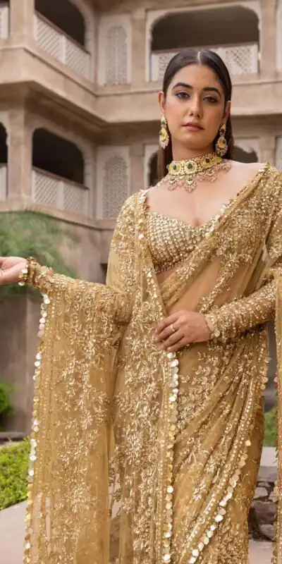 Golden Mono Net Embroidery Work Saree | Sarees, Bollywood Sarees, Creative Sarees, Designer Sarees, Embroidered Sarees, Ethnic Saree, Modern Digital sarees, Party Wear Sarees
