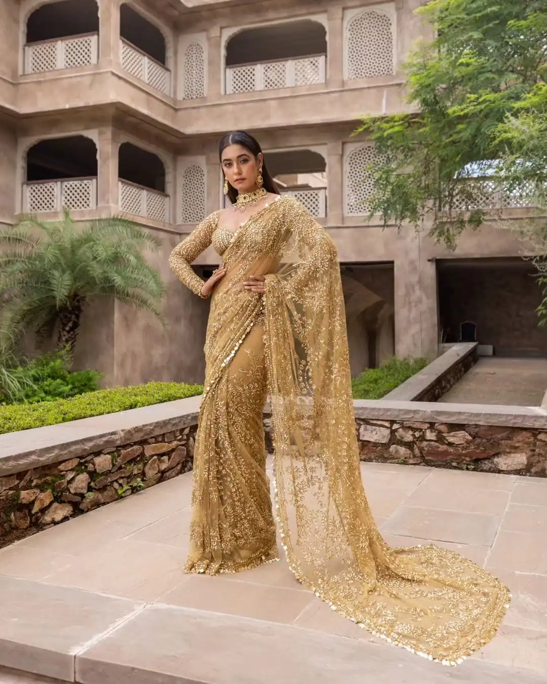 Golden Mono Net Embroidery Work Saree | Sarees, Bollywood Sarees, Creative Sarees, Designer Sarees, Embroidered Sarees, Ethnic Saree, Modern Digital sarees, Party Wear Sarees