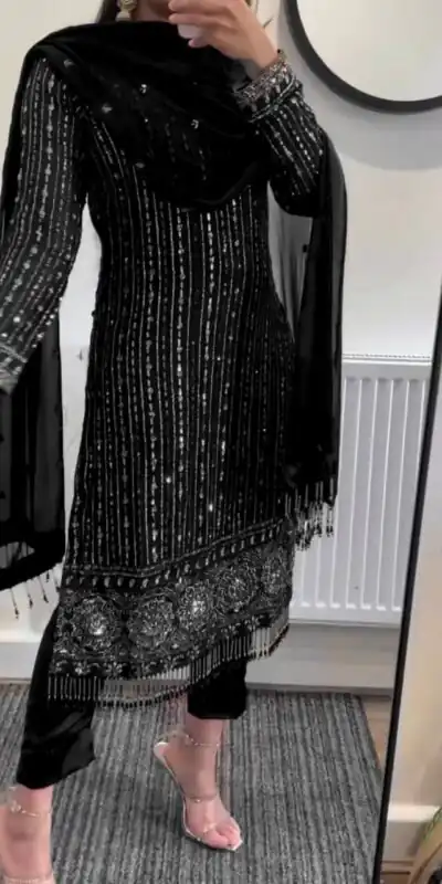 Gorgeous Black Georgette Thread Work Salwar Suit | Jump Suits, Salwar suit, Casual Suits, Creative suits, Designer Suits, Palazzo Suits, Party Wear Suits, Patiala Suits, Straight Suits