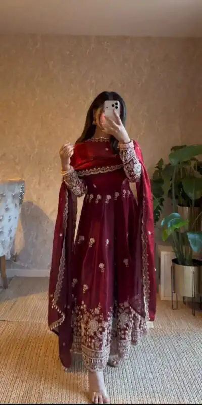Gorgeous Maroon Fendy Silk Thread Work Salwar Suit | Anarkali Suits, Bollywood Anarkali, Creative-Anarkali, Designer Anarkali, Embroidered Anarkali, Party Wear Anarkali