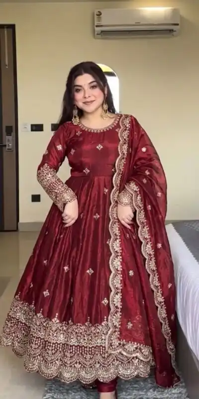 NSR 895 Red Fendy Silk Salwar Suit with Mirror Work & Embroidery Work. Best Price ₹2399. Delivery 4-6 Working Days. Shop now. | Anarkali Suits, Bollywood Anarkali, Creative-Anarkali, Designer Anarkali, Embroidered Anarkali, Party Wear Anarkali