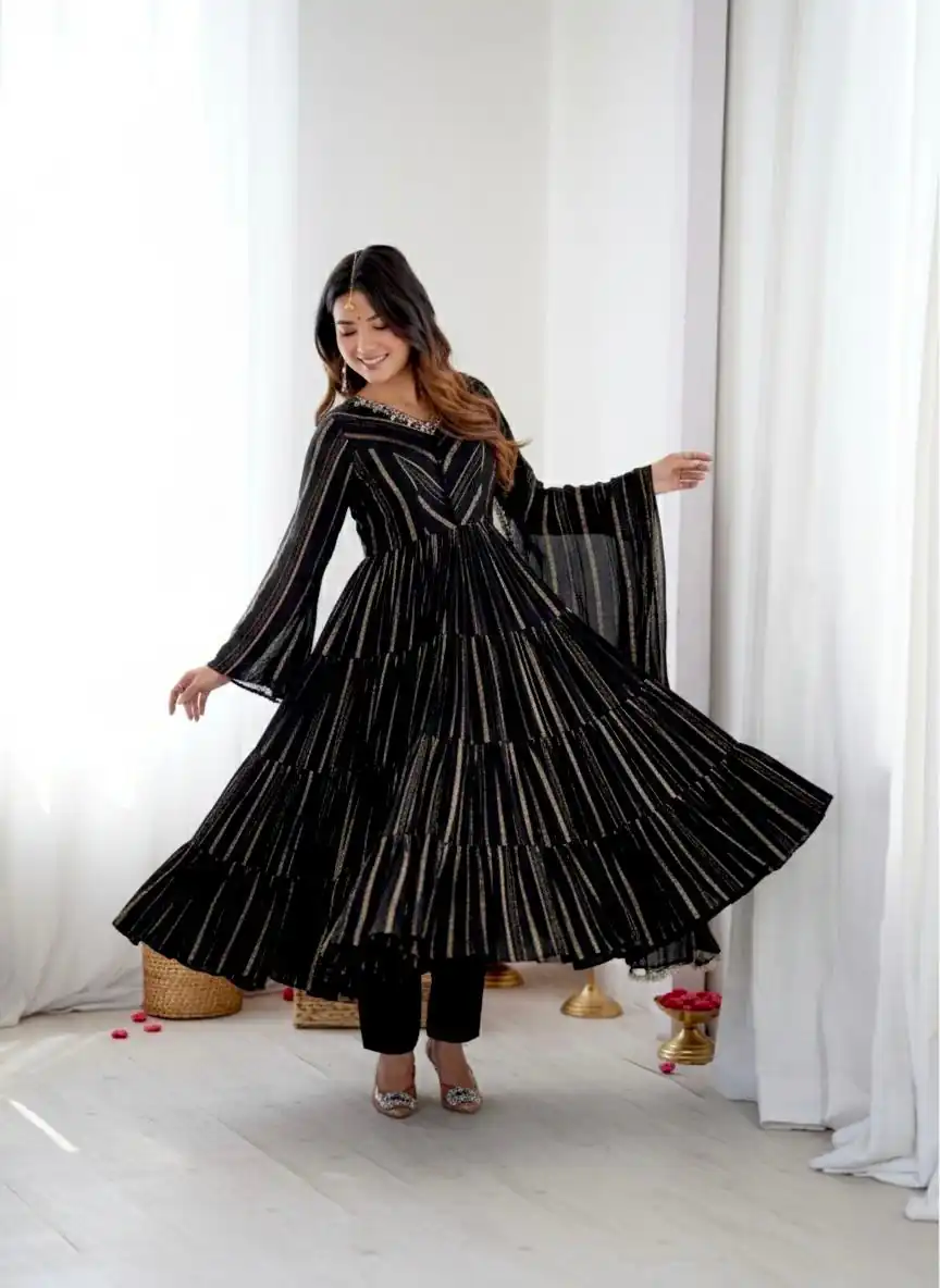 Graceful Black Mal Chanderi Mirror Lace Work Gown | Gowns, Bollywood Gowns, Creative Gowns, Designer Gowns, Embroidered Gowns, Party Wear Gowns