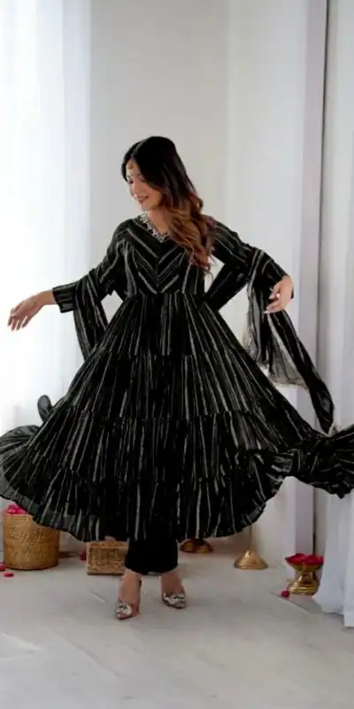 Graceful Black Mal Chanderi Mirror Lace Work Gown | Gowns, Bollywood Gowns, Creative Gowns, Designer Gowns, Embroidered Gowns, Party Wear Gowns