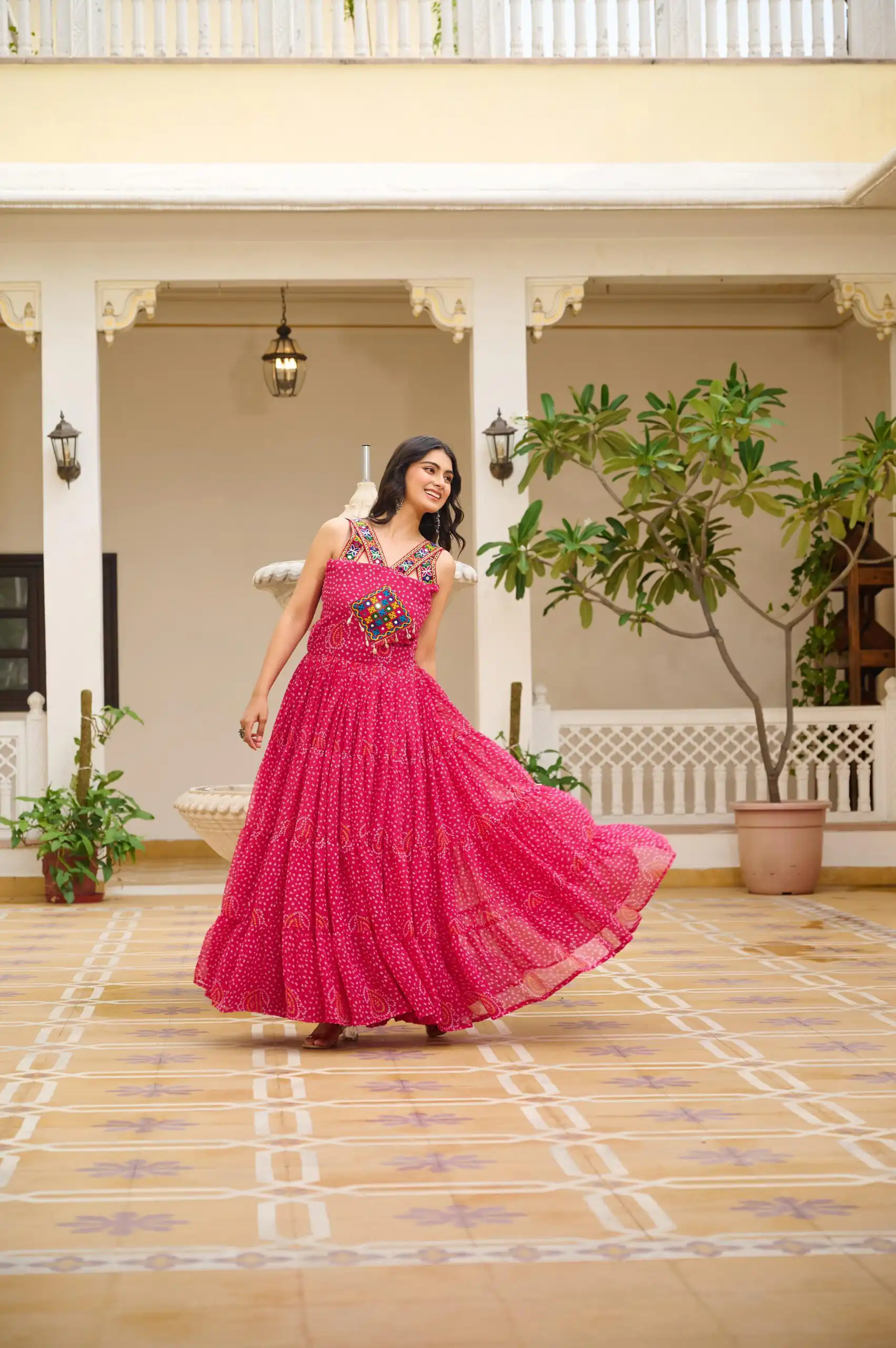 Ram 108 Pink Color Georgette Bandhni Print Gown with Mirror Work. Best Price ₹2049. Delivery 4-6 Working Days. Online Shop now. | Gowns, Bollywood Gowns, Creative Gowns, Designer Gowns, Embroidered Gowns, Party Wear Gowns