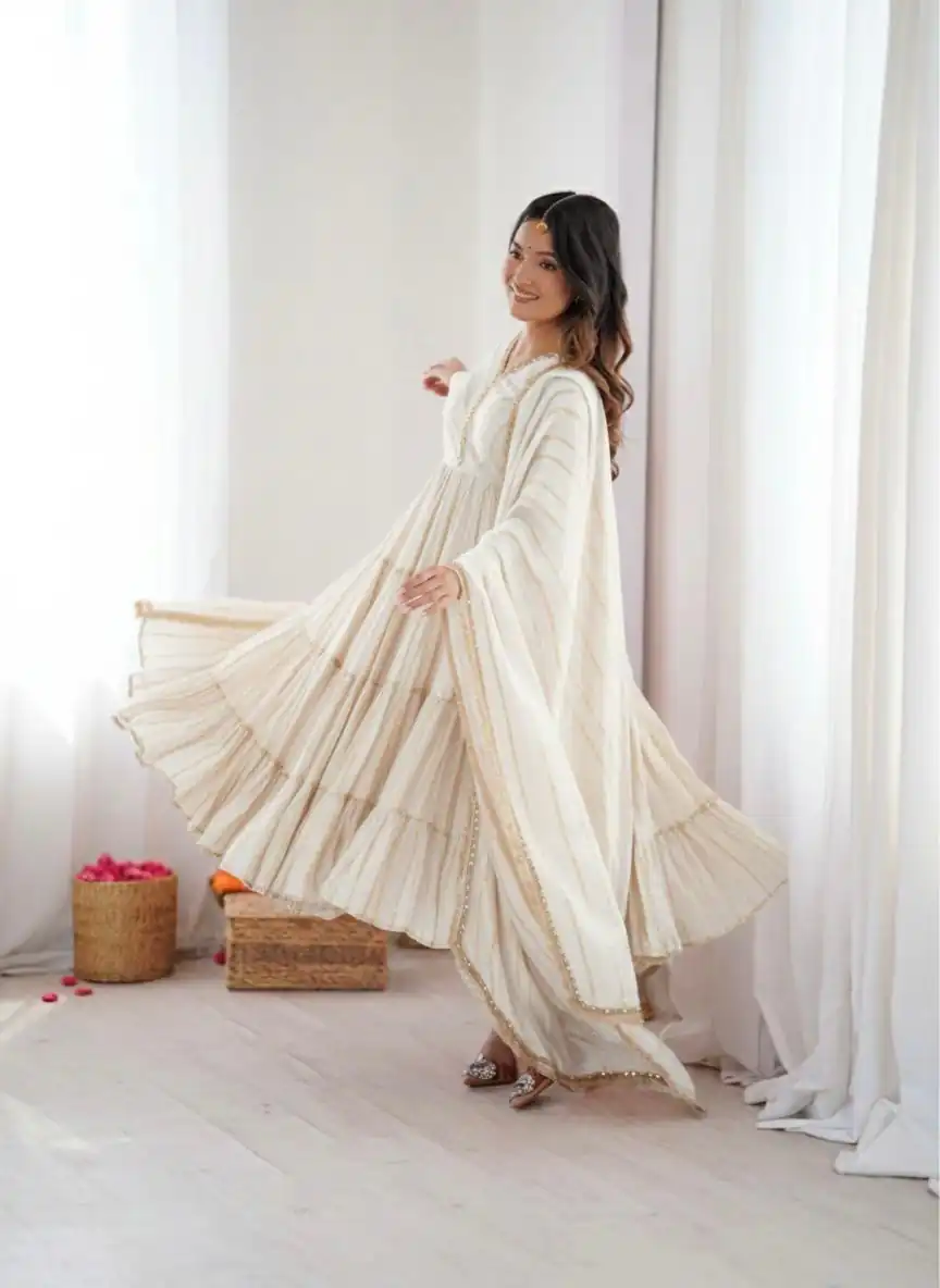 Graceful White Mal Chanderi Mirror Lace Work Gown | Gowns, Bollywood Gowns, Creative Gowns, Designer Gowns, Embroidered Gowns, Party Wear Gowns