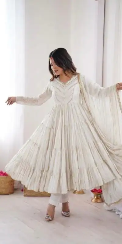 Graceful White Mal Chanderi Mirror Lace Work Gown | Gowns, Bollywood Gowns, Creative Gowns, Designer Gowns, Embroidered Gowns, Party Wear Gowns