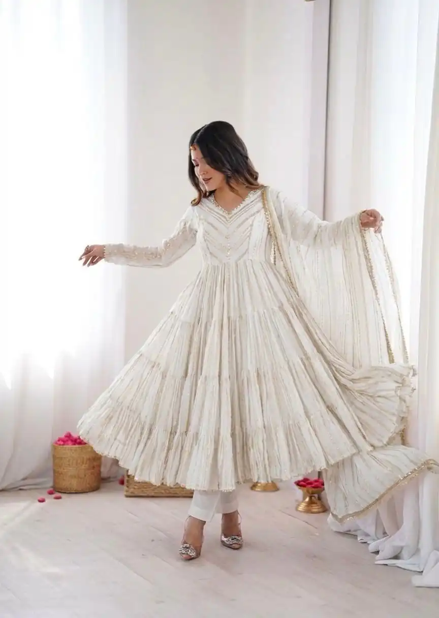 Graceful White Mal Chanderi Mirror Lace Work Gown | Gowns, Bollywood Gowns, Creative Gowns, Designer Gowns, Embroidered Gowns, Party Wear Gowns