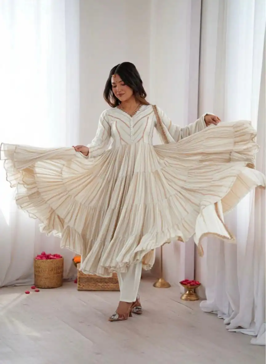 Graceful White Mal Chanderi Mirror Lace Work Gown | Gowns, Bollywood Gowns, Creative Gowns, Designer Gowns, Embroidered Gowns, Party Wear Gowns