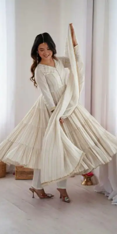 Graceful White Mal Chanderi Mirror Lace Work Gown | Gowns, Bollywood Gowns, Creative Gowns, Designer Gowns, Embroidered Gowns, Party Wear Gowns