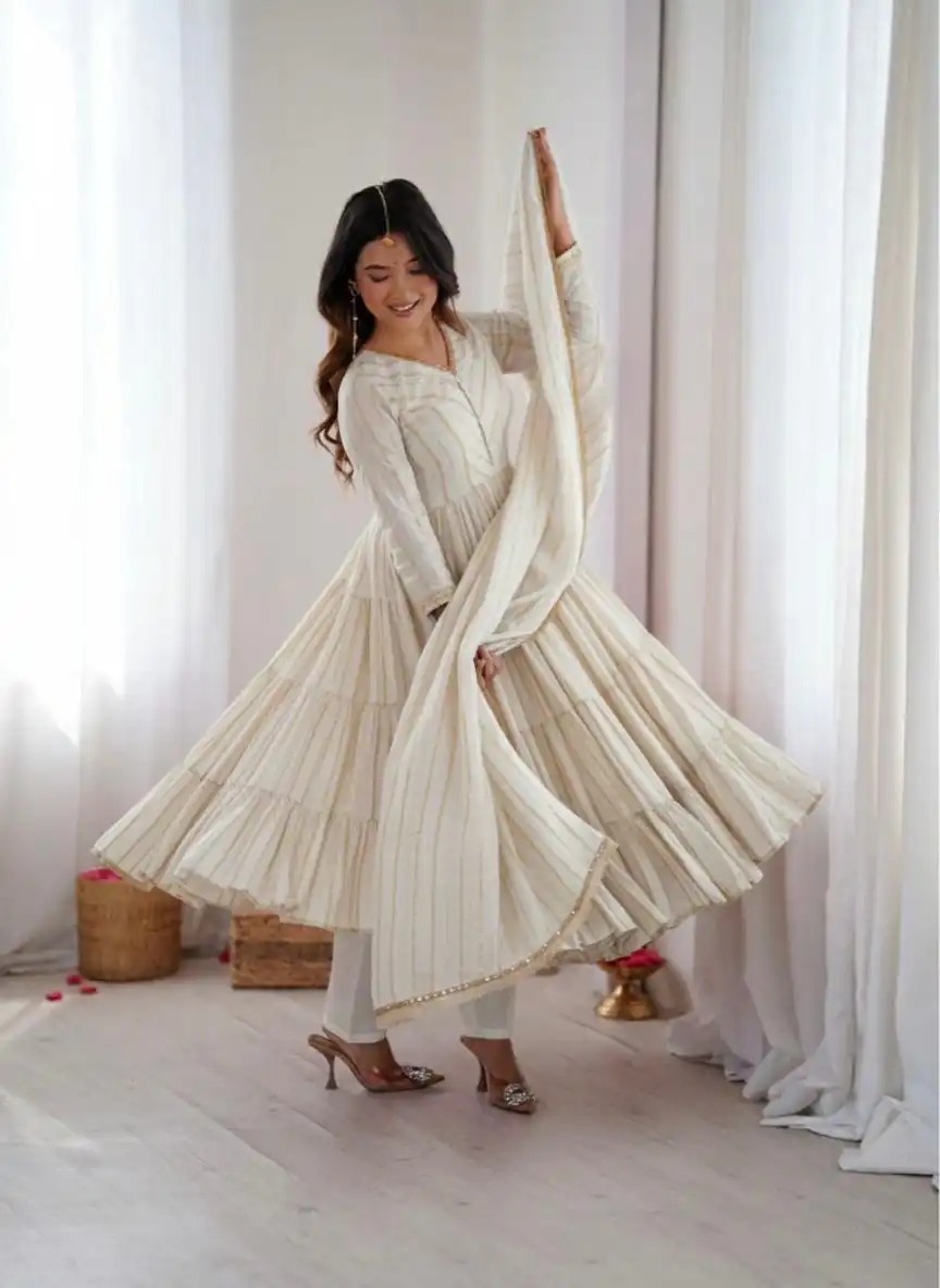 Graceful White Mal Chanderi Mirror Lace Work Gown | Gowns, Bollywood Gowns, Creative Gowns, Designer Gowns, Embroidered Gowns, Party Wear Gowns