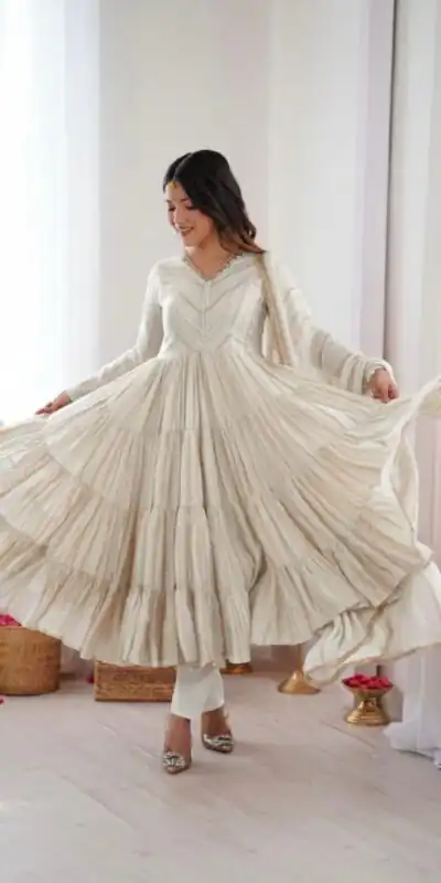 Graceful White Mal Chanderi Mirror Lace Work Gown | Gowns, Bollywood Gowns, Creative Gowns, Designer Gowns, Embroidered Gowns, Party Wear Gowns
