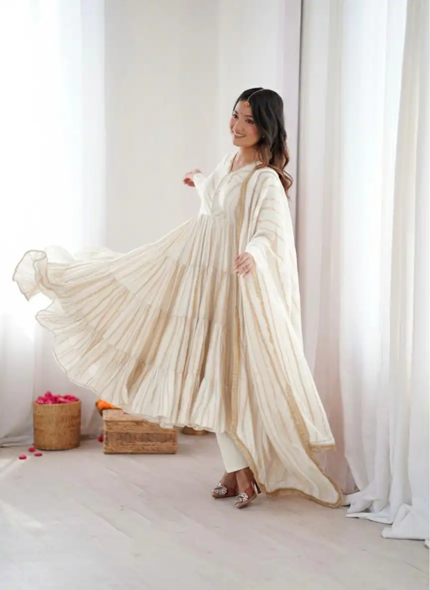 Graceful White Mal Chanderi Mirror Lace Work Gown | Gowns, Bollywood Gowns, Creative Gowns, Designer Gowns, Embroidered Gowns, Party Wear Gowns