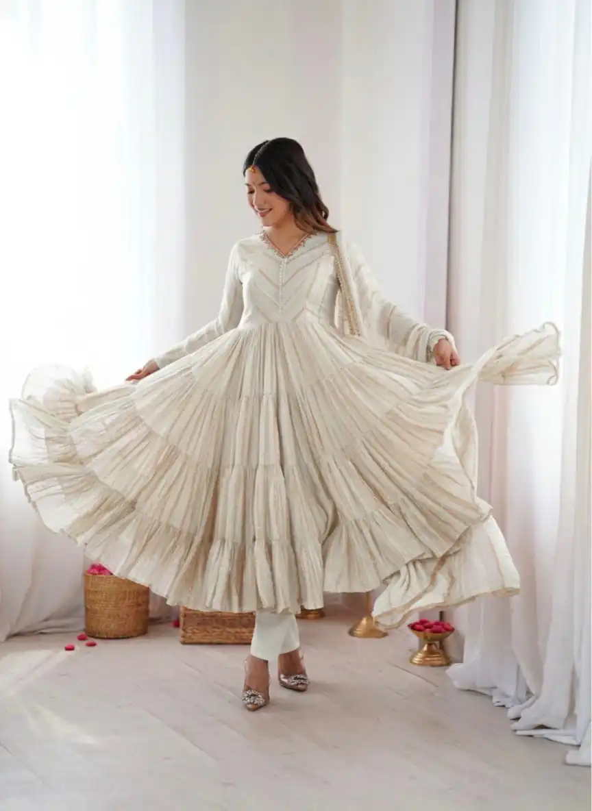 Graceful White Mal Chanderi Mirror Lace Work Gown | Gowns, Bollywood Gowns, Creative Gowns, Designer Gowns, Embroidered Gowns, Party Wear Gowns