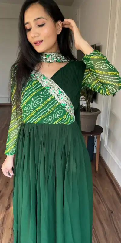 Green Bandhej Fox Georgette Sequence Embroidery Work Anarkali Gown | Gowns, Bollywood Gowns, Creative Gowns, Designer Gowns, Embroidered Gowns, Party Wear Gowns, Straight Suits