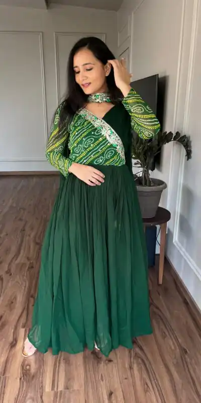 Green Bandhej Fox Georgette Sequence Embroidery Work Anarkali Gown | Gowns, Bollywood Gowns, Creative Gowns, Designer Gowns, Embroidered Gowns, Party Wear Gowns, Straight Suits