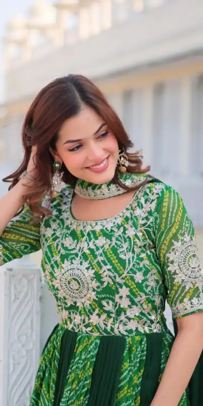 Green Bandhej Fox Georgette Sequence Work Gown | Gowns, Bollywood Gowns, Creative Gowns, Designer Gowns, Embroidered Gowns, Party Wear Gowns