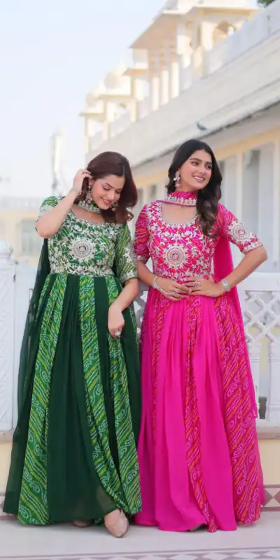 Green Bandhej Fox Georgette Sequence Work Gown | Gowns, Bollywood Gowns, Creative Gowns, Designer Gowns, Embroidered Gowns, Party Wear Gowns