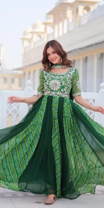 Green Bandhej Fox Georgette Sequence Work Gown | Gowns, Bollywood Gowns, Creative Gowns, Designer Gowns, Embroidered Gowns, Party Wear Gowns