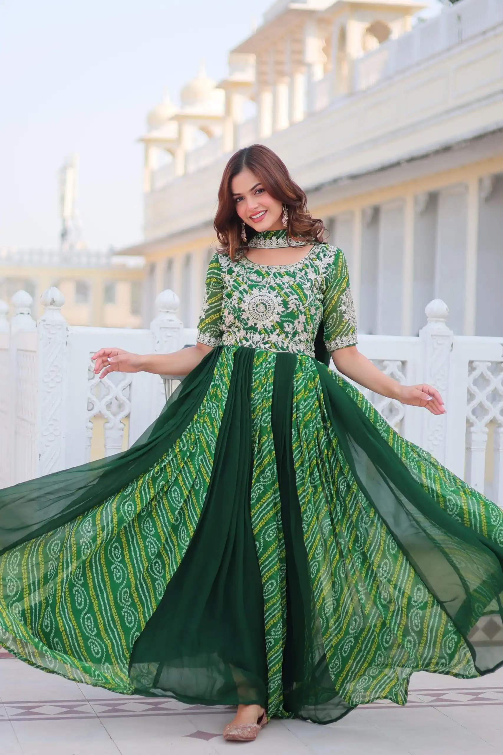 Green Bandhej Fox Georgette Sequence Work Gown | Gowns, Bollywood Gowns, Creative Gowns, Designer Gowns, Embroidered Gowns, Party Wear Gowns