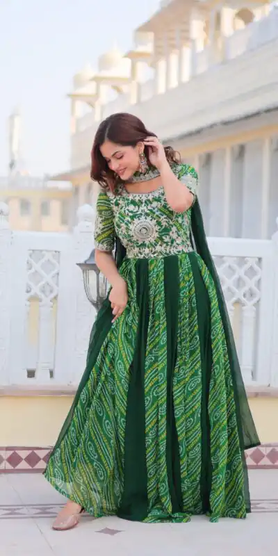 Green Bandhej Fox Georgette Sequence Work Gown | Gowns, Bollywood Gowns, Creative Gowns, Designer Gowns, Embroidered Gowns, Party Wear Gowns