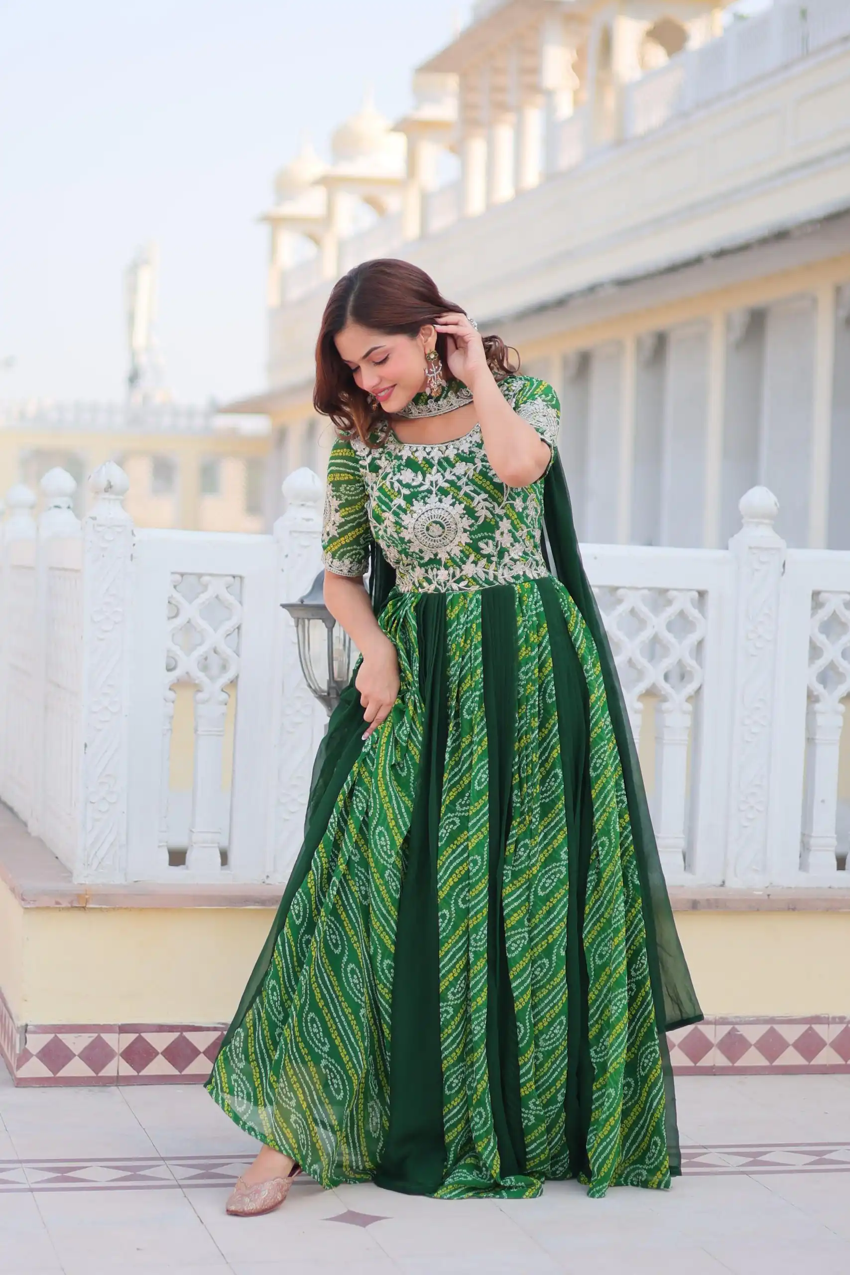 Green Bandhej Fox Georgette Sequence Work Gown | Gowns, Bollywood Gowns, Creative Gowns, Designer Gowns, Embroidered Gowns, Party Wear Gowns