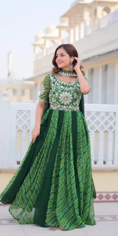 Green Bandhej Fox Georgette Sequence Work Gown | Gowns, Bollywood Gowns, Creative Gowns, Designer Gowns, Embroidered Gowns, Party Wear Gowns