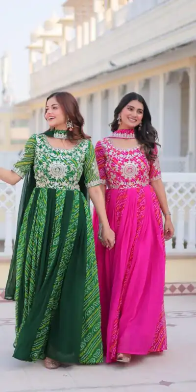 Green Bandhej Fox Georgette Sequence Work Gown | Gowns, Bollywood Gowns, Creative Gowns, Designer Gowns, Embroidered Gowns, Party Wear Gowns