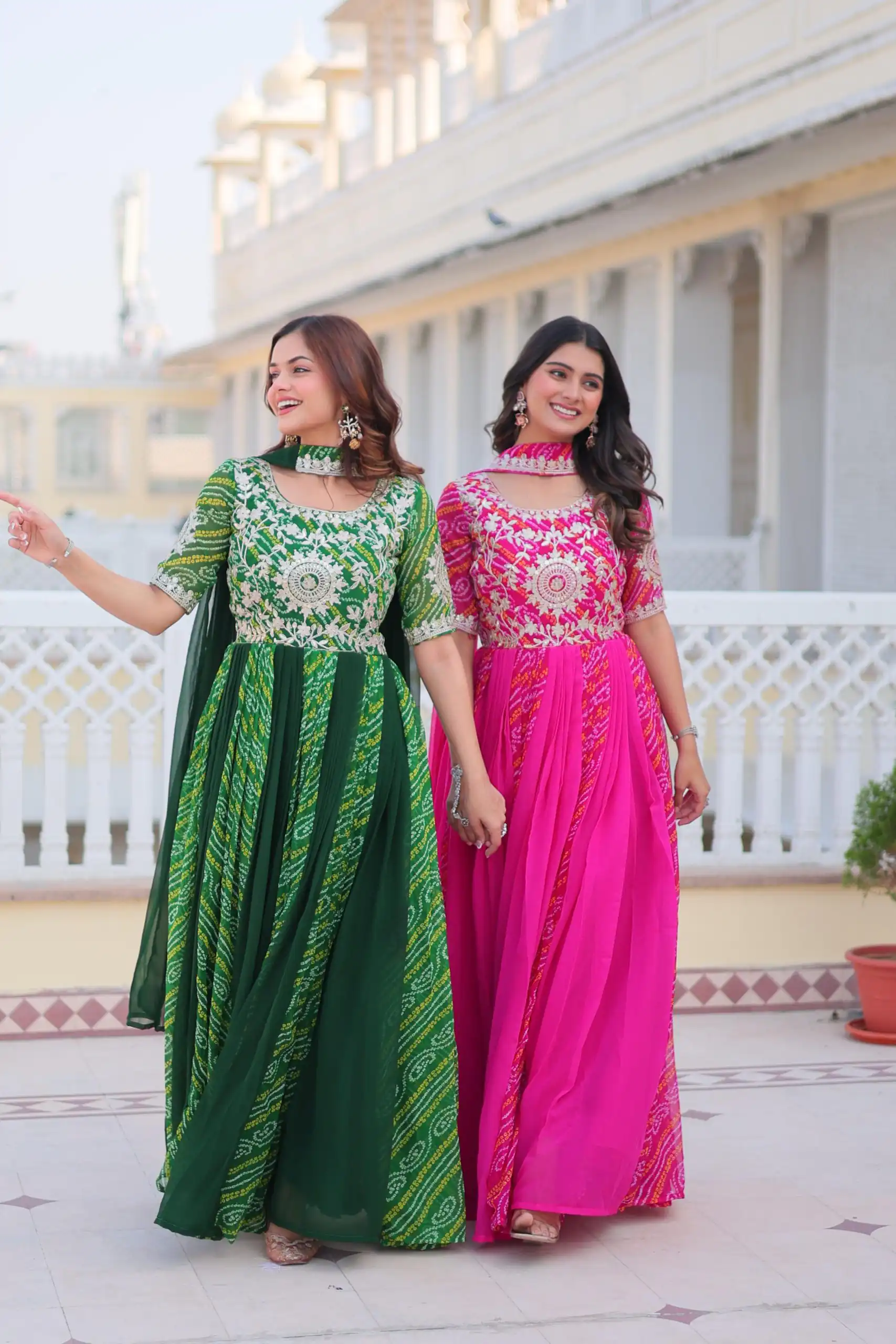 Green Bandhej Fox Georgette Sequence Work Gown | Gowns, Bollywood Gowns, Creative Gowns, Designer Gowns, Embroidered Gowns, Party Wear Gowns