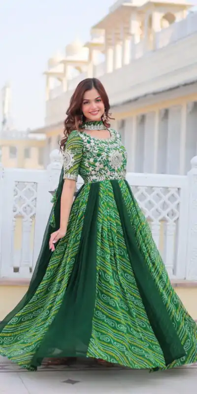 Green Bandhej Fox Georgette Sequence Work Gown | Gowns, Bollywood Gowns, Creative Gowns, Designer Gowns, Embroidered Gowns, Party Wear Gowns
