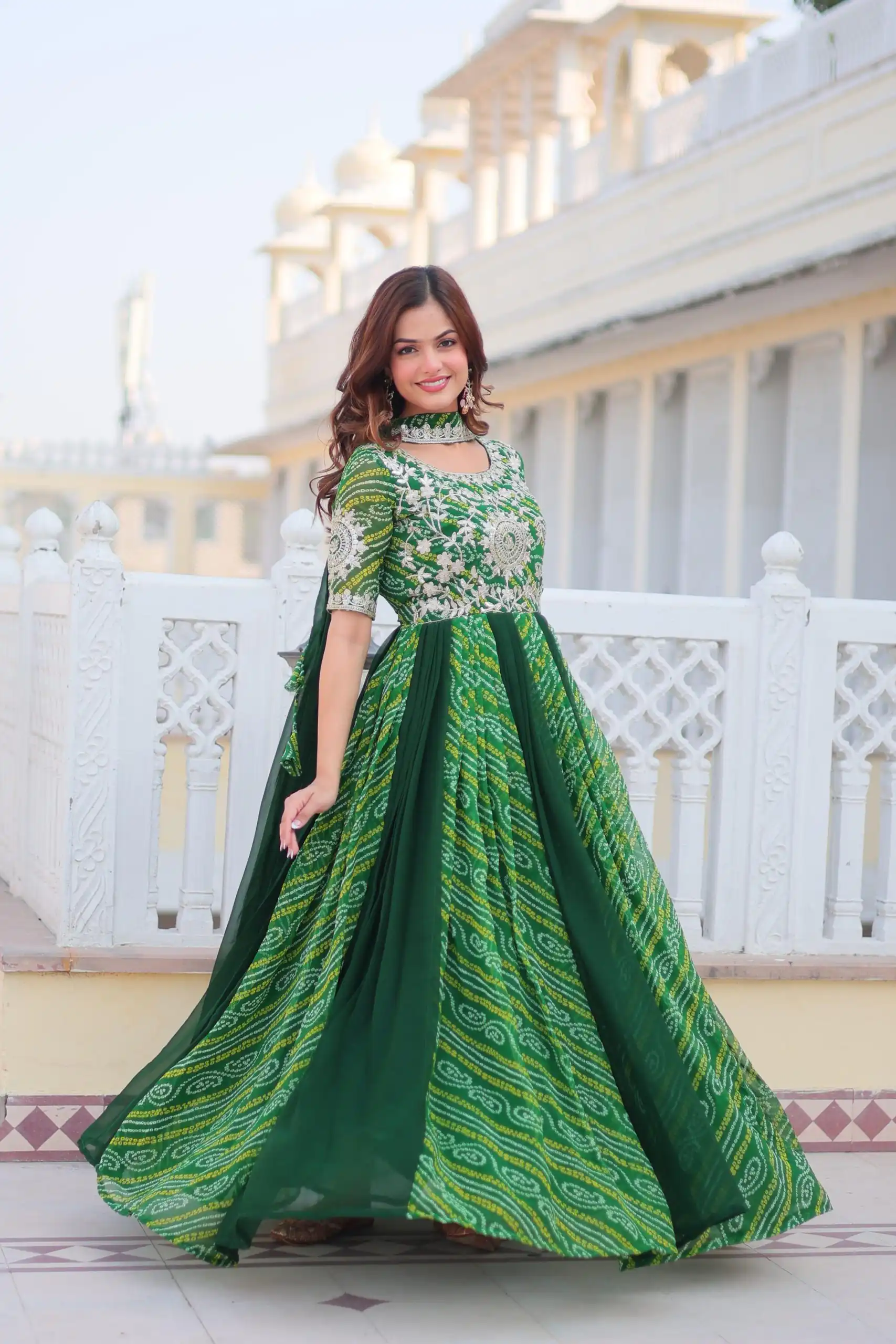 Green Bandhej Fox Georgette Sequence Work Gown | Gowns, Bollywood Gowns, Creative Gowns, Designer Gowns, Embroidered Gowns, Party Wear Gowns
