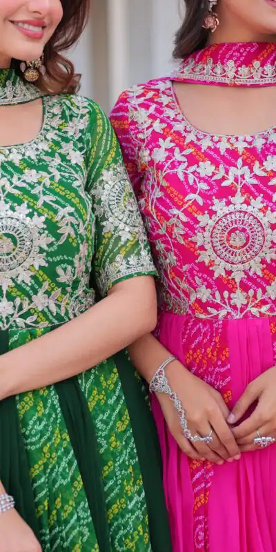 Green Bandhej Fox Georgette Sequence Work Gown | Gowns, Bollywood Gowns, Creative Gowns, Designer Gowns, Embroidered Gowns, Party Wear Gowns