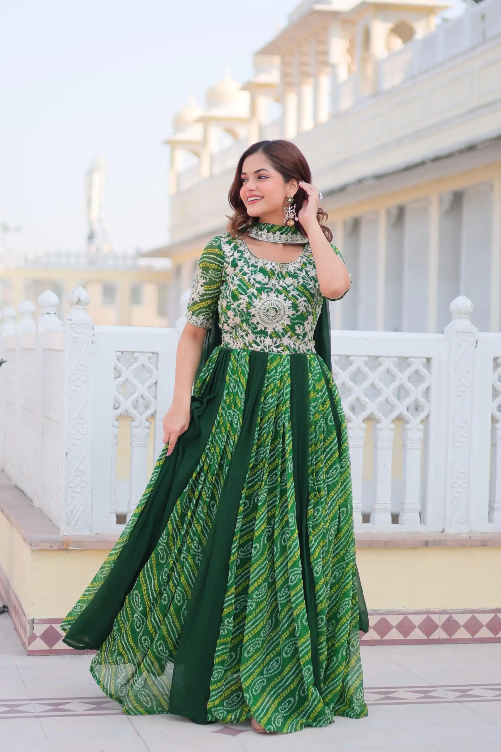 Green Bandhej Fox Georgette Sequence Work Gown | Gowns, Bollywood Gowns, Creative Gowns, Designer Gowns, Embroidered Gowns, Party Wear Gowns