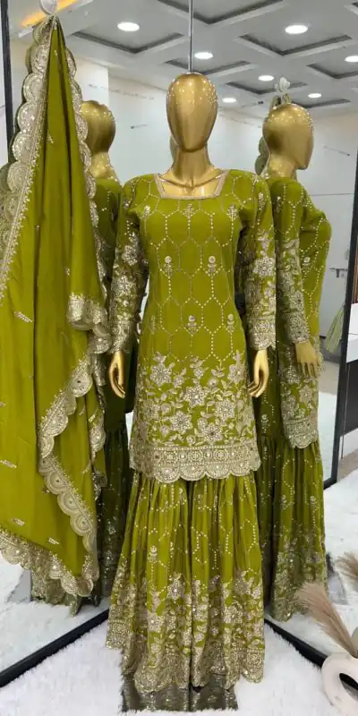 Green Chinnon Silk Embroidery Work Sharara Suit | Salwar suit, Casual Suits, Creative suits, Designer Suits, Palazzo Suits, Party Wear Suits, Straight Suits