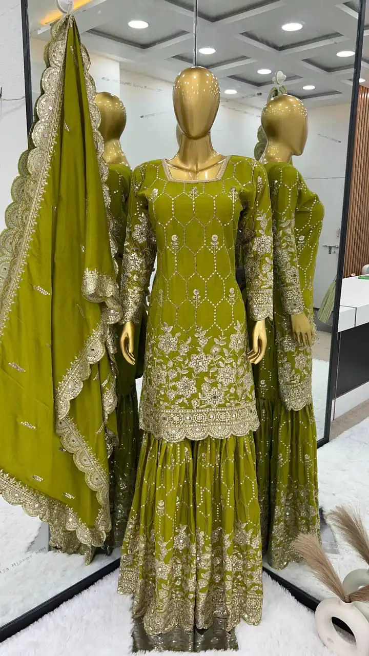 Green Chinnon Silk Embroidery Work Sharara Suit | Salwar suit, Casual Suits, Creative suits, Designer Suits, Palazzo Suits, Party Wear Suits, Straight Suits