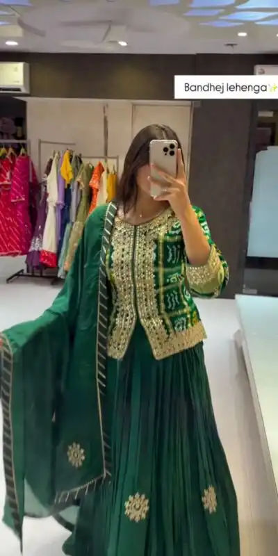 Green Chinon Digital Print Embroidery Work Lehenga Choli | Lehenga, Bollywood Lehenga, Creative Lehenga, Designer Lehenga, Embroidered Lehenga, Party Wear Lehenga