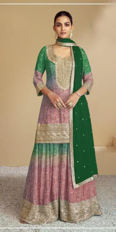 Green Chinon Digital Print With Mat Sequence Sharara Suit | Jump Suits, Salwar suit, Casual Suits, Creative suits, Designer Suits, Palazzo Suits, Party Wear Suits, Patiala Suits, Straight Suits