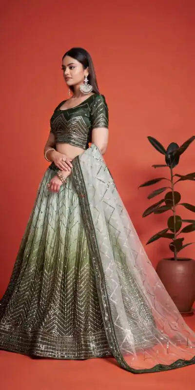 Green Chinon Embroidery and Sequins Lehenga Choli | Lehenga, Bollywood Lehenga, Creative Lehenga, Designer Lehenga, Embroidered Lehenga, Party Wear Lehenga
