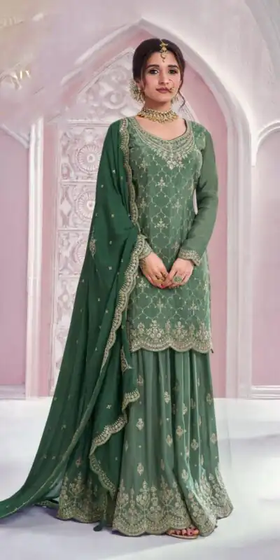 Green Chinon Multi Coding Work Salwar Suit | Jump Suits, Salwar suit, Casual Suits, Creative suits, Designer Suits, Palazzo Suits, Party Wear Suits, Patiala Suits, Straight Suits