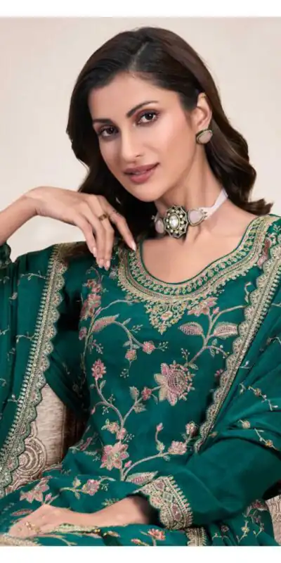 Green Chinon Multi Work Salwar Suit | Jump Suits, Salwar suit, Casual Suits, Creative suits, Designer Suits, Palazzo Suits, Party Wear Suits, Patiala Suits, Straight Suits