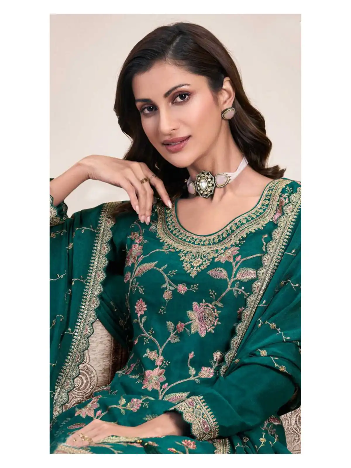 Green Chinon Multi Work Salwar Suit | Jump Suits, Salwar suit, Casual Suits, Creative suits, Designer Suits, Palazzo Suits, Party Wear Suits, Patiala Suits, Straight Suits