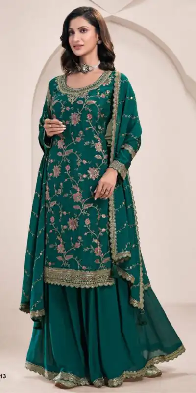 Green Chinon Multi Work Salwar Suit | Jump Suits, Salwar suit, Casual Suits, Creative suits, Designer Suits, Palazzo Suits, Party Wear Suits, Patiala Suits, Straight Suits