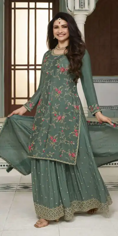 Green Chinon Multi Work Salwar Suit | Jump Suits, Salwar suit, Casual Suits, Creative suits, Designer Suits, Palazzo Suits, Party Wear Suits, Patiala Suits, Straight Suits