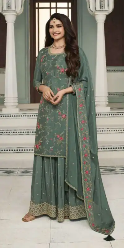 Green Chinon Multi Work Salwar Suit | Jump Suits, Salwar suit, Casual Suits, Creative suits, Designer Suits, Palazzo Suits, Party Wear Suits, Patiala Suits, Straight Suits