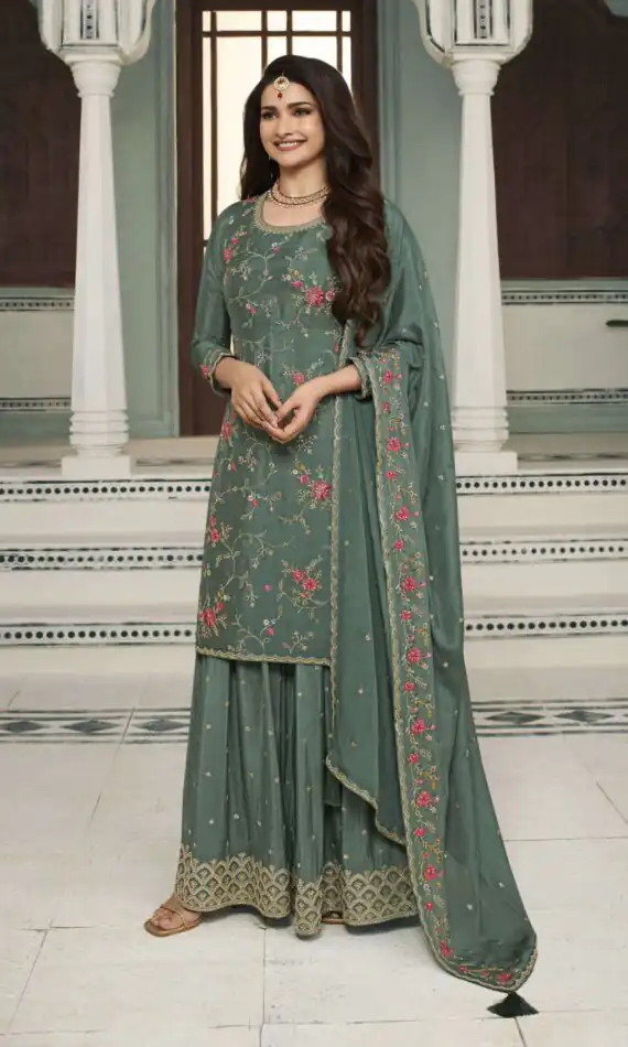 Green Chinon Multi Work Salwar Suit | Jump Suits, Salwar suit, Casual Suits, Creative suits, Designer Suits, Palazzo Suits, Party Wear Suits, Patiala Suits, Straight Suits
