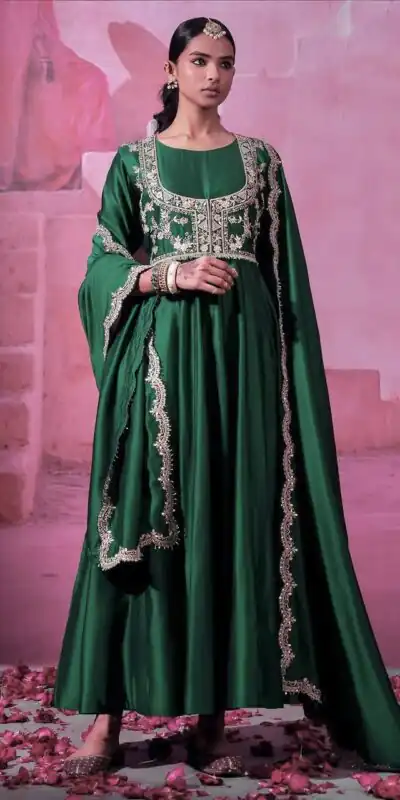 Green Chinon Silk Sequins Embroidery Work Gown | Gowns, Bollywood Gowns, Creative Gowns, Designer Gowns, Embroidered Gowns, Party Wear Gowns