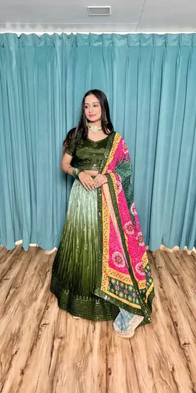 Green Chinon Silk Sequins Work Lehenga Choli | Lehenga, Bollywood Lehenga, Creative Lehenga, Designer Lehenga, Embroidered Lehenga, Party Wear Lehenga