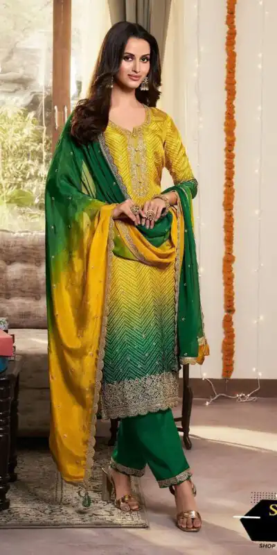 Green Chinoon Silk Embroidery Work Salwar Suit | Jump Suits, Tops & Bottoms, Track Suits, Salwar suit, Casual Suits, Creative suits, Designer Suits, Palazzo Suits, Party Wear Suits, Patiala Suits, Straight Suits, Trendy Wear