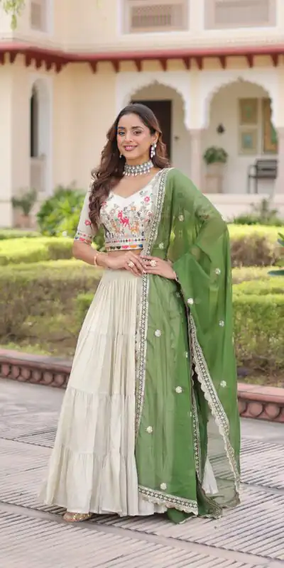 Green Cosmos Silk Embroidery Zari Work Lehenga Choli | Lehenga, Bollywood Lehenga, Creative Lehenga, Designer Lehenga, Embroidered Lehenga, Party Wear Lehenga