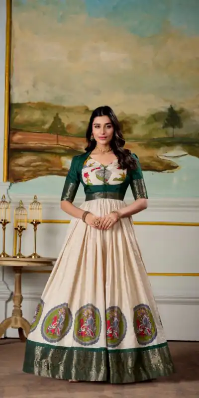 Green Dola Silk Print Weaving Broder Gown | Gowns, Bollywood Gowns, Creative Gowns, Designer Gowns, Embroidered Gowns, Party Wear Gowns